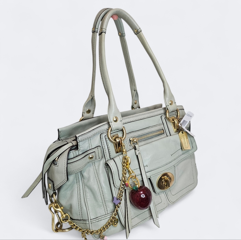 MSRP $700 Coach Hampton Lindsay Satchel Handbag Tote Mint Green Leather Turnlock - Picture 3 of 11